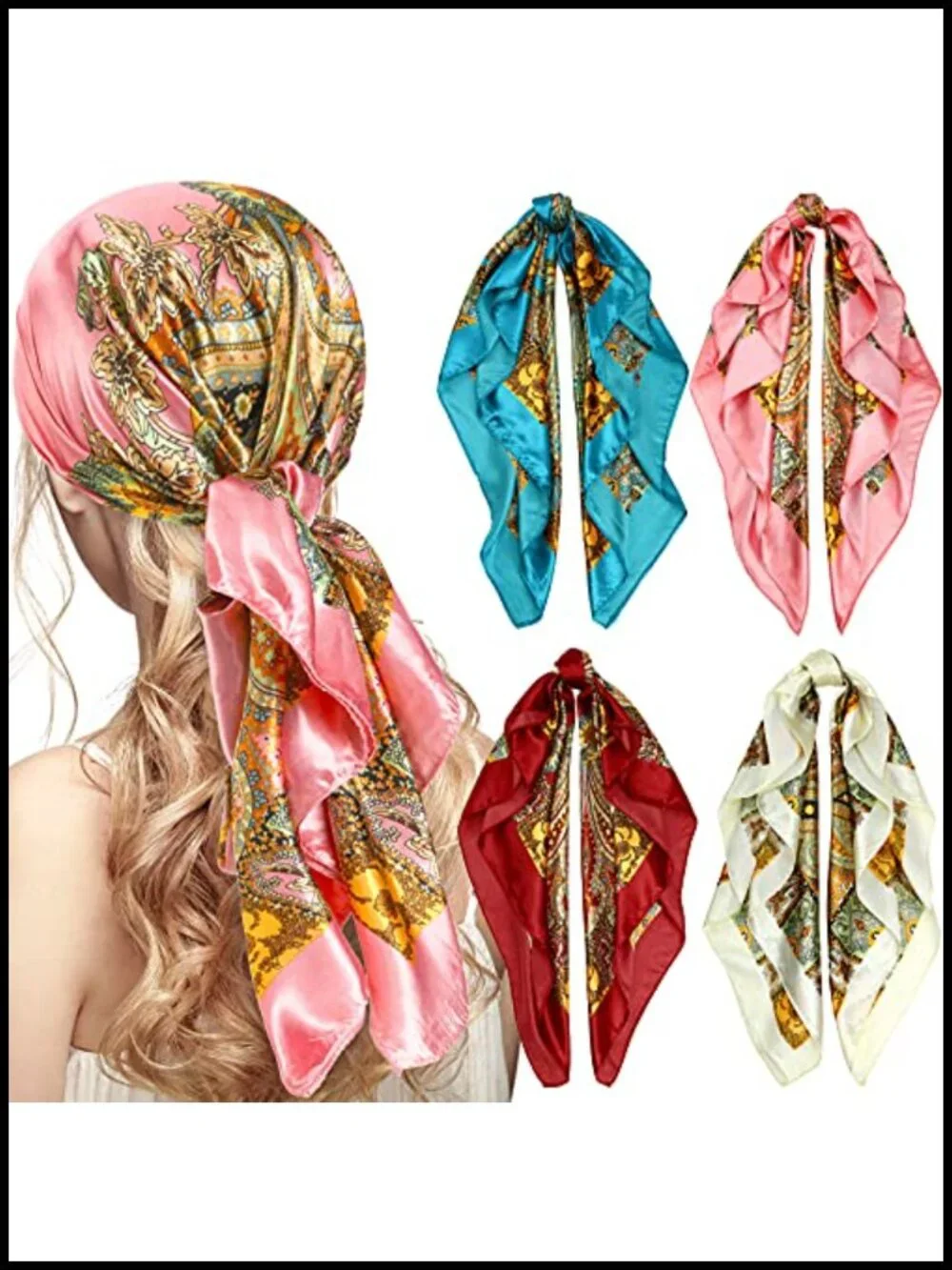 Satin Head Scarf Bandanas for Women - 4 Pack, Square Silk Neck Scarf for Hair